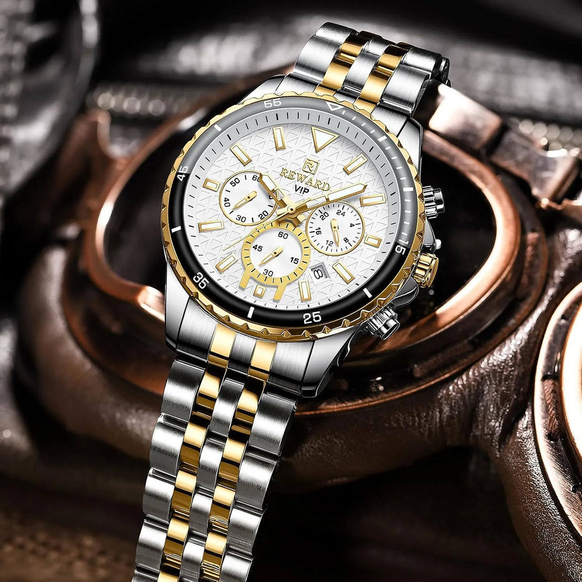 REWARD men's luxury gold quartz watch with stainless steel strap front view