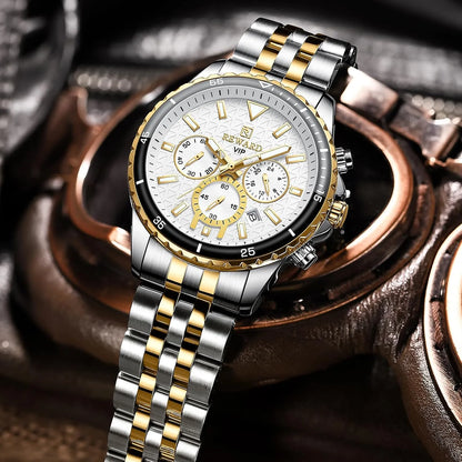 REWARD men's luxury gold quartz watch with stainless steel strap front view