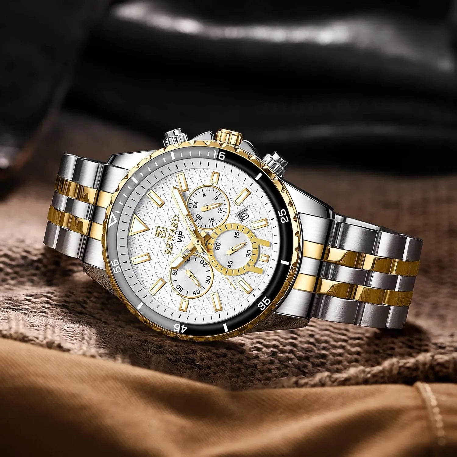 REWARD luxury men's watch gold and white dial close-up