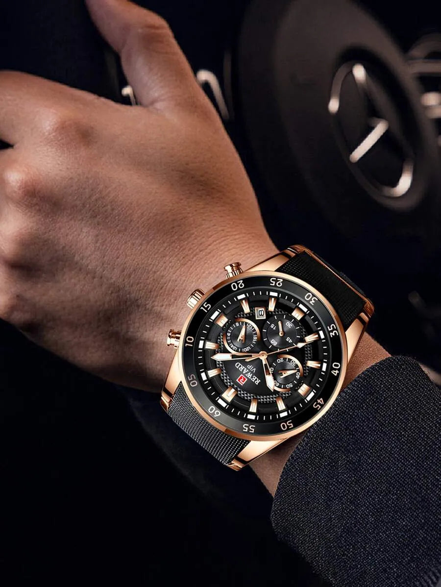 Reward VIP chronograph watch flat lay product shot