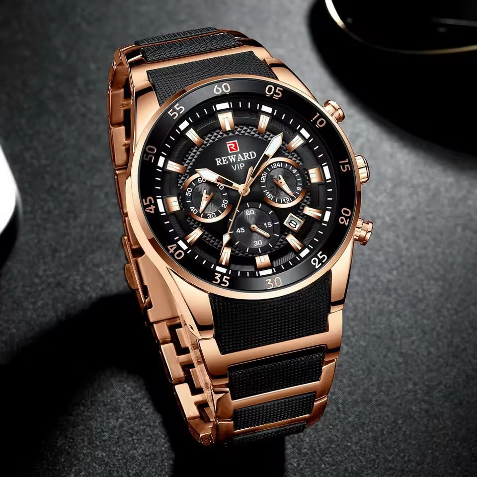Reward VIP RD81011M men's sport chronograph watch front view black dial