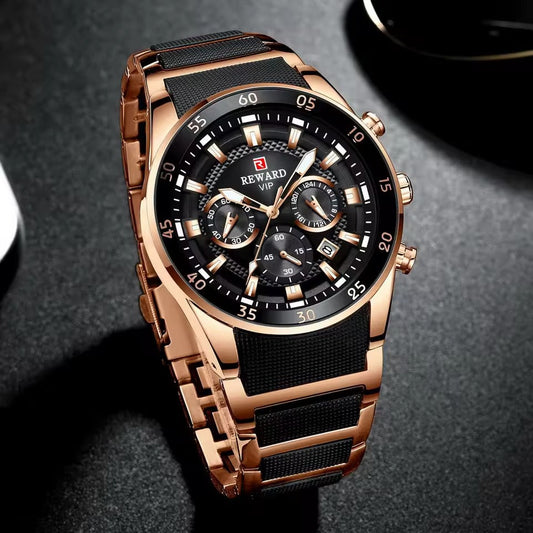 Reward VIP RD81011M men's sport chronograph watch front view black dial